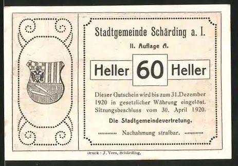 Notgeld Schärding am Inn 1920, 60 Heller, Stadtwappen, Rathaus, Innbrücke