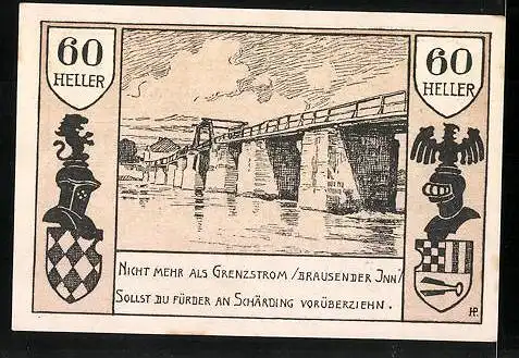 Notgeld Schärding am Inn 1920, 60 Heller, Stadtwappen, Rathaus, Innbrücke