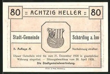Notgeld Schärding am Inn 1920, 80 Heller, Stadtwappen, Schloss Schäding im 15. Jahrhundert