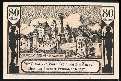 Notgeld Schärding am Inn 1920, 80 Heller, Stadtwappen, Schloss Schäding im 15. Jahrhundert
