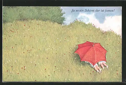 Künstler-AK Herschu: Ja so ein Schirm der ist famos!, Versteckte Kinder