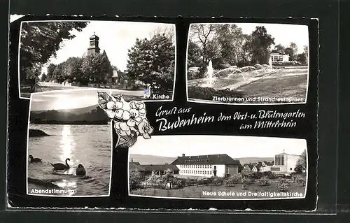 AK Budenheim, Zierbrunnen und Strandrestaurant, Abendstimmung, Ev. Kirche