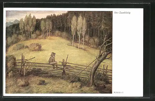 Künstler-AK Matthäus Schiestl: Kleiner Zaunkönig blickt zum Wald
