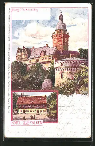 Künstler-AK Pansfelde, Hotel zum Falken und Burg Falkenstein