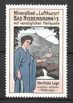 Reklamemarke Bad Niederbronn, Dame schöpft Wasser von der Heilquelle