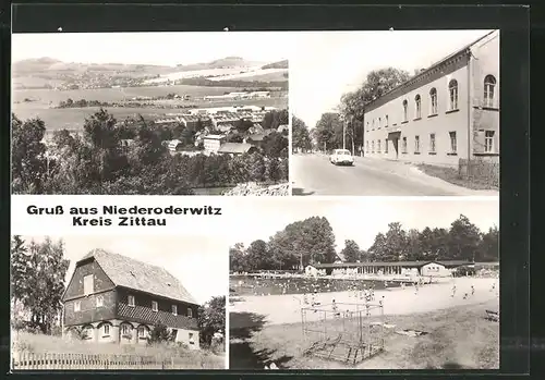 AK Niederoderwitz, Gesamtansicht, Strassenpartie, Freibad
