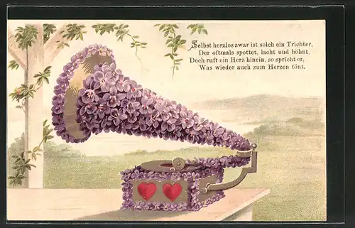 Präge-AK Grammophon aus Veilchen, Blumenbild