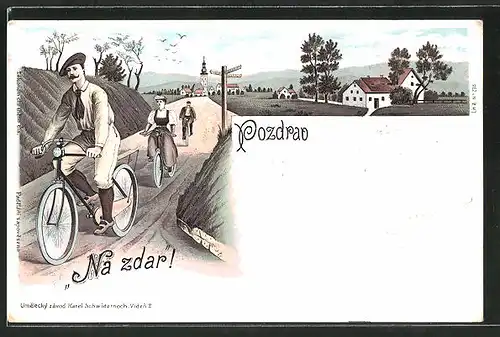 Lithographie Fahrradfahrer auf einem Ausflug