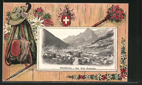 Passepartout-Lithographie Orsières, Vue générale, Wappen, Bergsteigerausrüstung