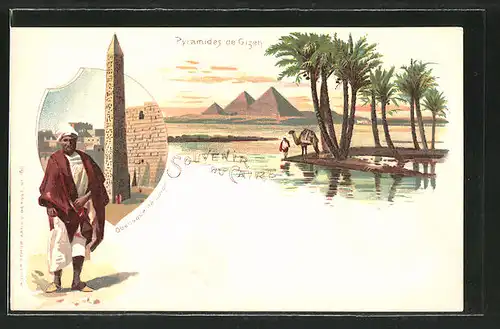 Lithographie Caire, Pyramides de Gizeh, Obelisque de Luxor, Kamel