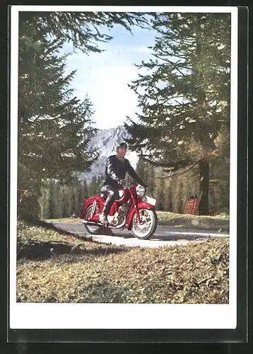 AK Reklame für Motorrad Steyr-Daimler-Puch, Motorradfahrer fährt durch das Gebirge