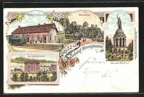 Lithographie Himmighausen, Bahnhof mit haltendem Zug, Hermanns Denkmal