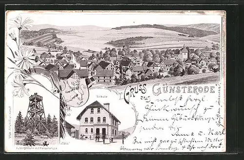 Lithographie Günsterode, Schule, Aussichtsturm auf Pensersrück, Panoramablick auf den Ort