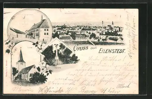 Künstler-AK Eilenstedt, Kirche, Denkmal, Strassenpartie im Ort