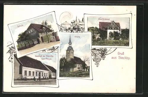 AK Steckby, Oberförsterei, Gasthof zu Steckby, Schule, Kirche