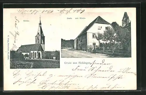 AK Sickingen, Gasthaus zum Hirsch, Kirche