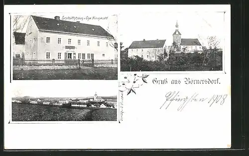 AK Börnersdorf, Geschäftshaus v. Osw. Hauswald, Kirche und Ortspanoram