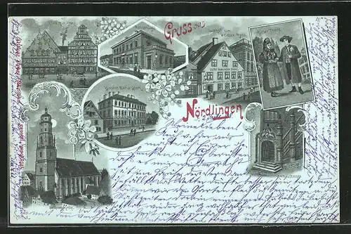 Mondschein-Lithographie Nördlingen, St. Georgskirche, Kloster Maria-Stern, Hotel zur Krone, Gasthof zum weissen Ross