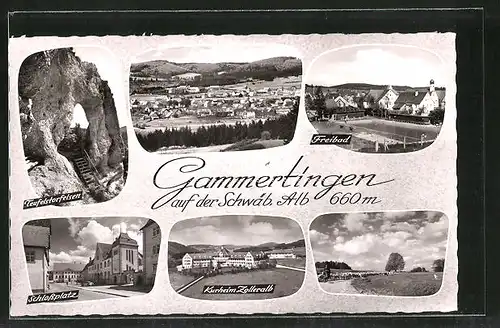 AK Gammertingen, Schlossplatz, Teufelstorfelsen, Freibad, Kurheim Zolleralb