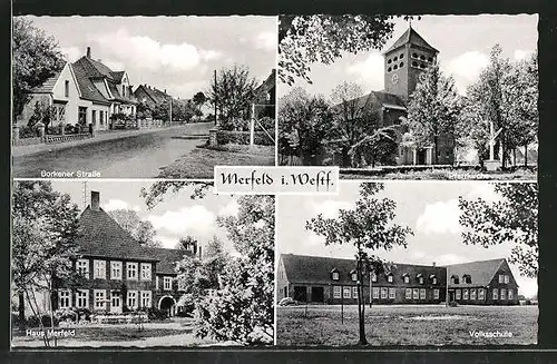 AK Merfeld, Borkener Strasse, Pfarrkirche, Haus Merfeld, Volksschule