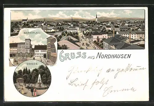 Lithographie Nordhausen, Gehege, Marktplatz, Gesamtansicht