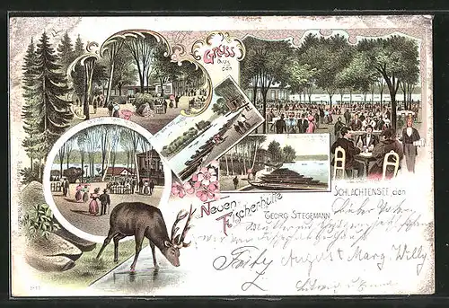 Lithographie Berlin-Schlachtensee, Gasthaus Neue Fischerhütte v. G. Stegemann mit Gartenlokal, Partie am Schlachtensee