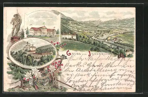Vorläufer-Lithographie Innsbruck, 1893, K. k. Landeshauptschiessstand, Schloss Ambras, Gesamtansicht