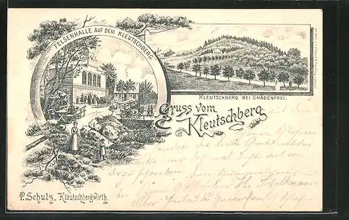 Vorläufer-Lithographie Kleutschberg, 1894, Gasthaus Felsenhalle v. P. Schulz, Blick zum Berg