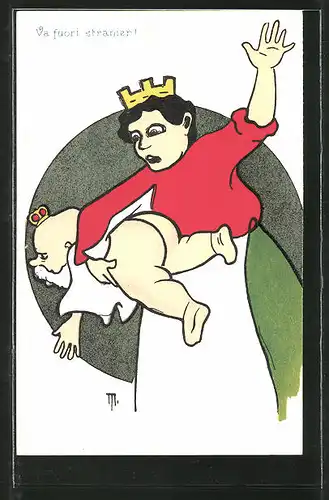 Künstler-AK Va fuori stranier!, Italia versohlt Kaiser Franz Josef I. von Österreich den Hintern, Karikatur