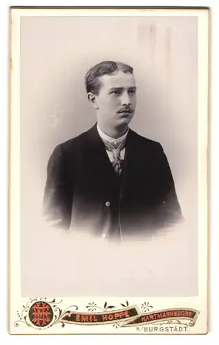 Fotografie Emil Hoppe, Hartmannsdorf, Portrait junger Mann mit Oberlippenbart