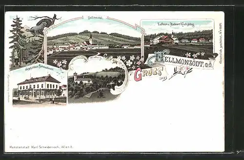 Lithographie Hellmonsödt, Jagdschloss Hahnenort, Wildberg, Luftkurort Kirchschlag