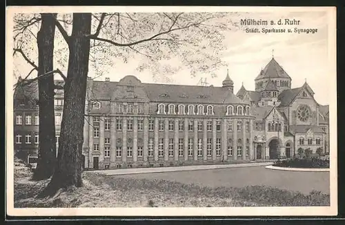AK Mülheim, Blick auf Synagoge und Städtische Sparkasse