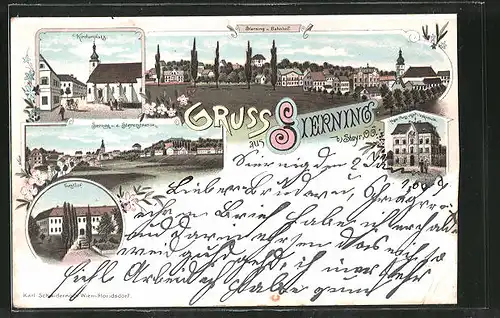 Lithographie Sierning, Forsthof, Kirchenplatz, Kaiser Franz Josef-Volksschule