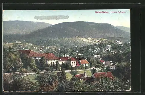AK Baden-Baden, Zeppelin über dem Neuen Schloss