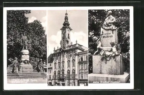 AK Steyr, Werndldenkmal, Bruckner-Denkmal und Rathaus