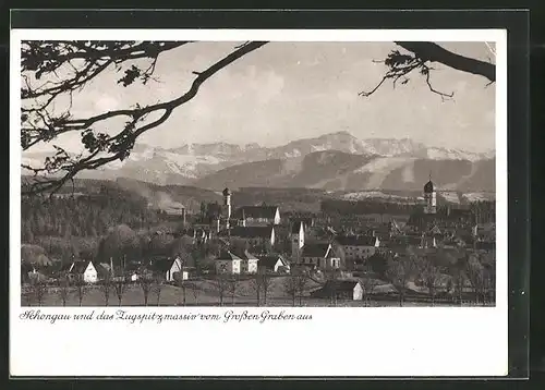 AK Schongau, Ortsansicht mit Zugspitzmassiv vom Grossen Graben aus