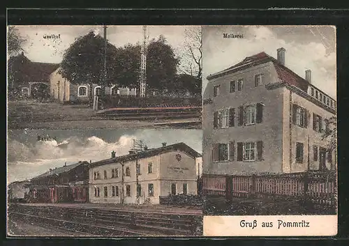 AK Pommritz, Bahnhof, Gasthof, Molkerei
