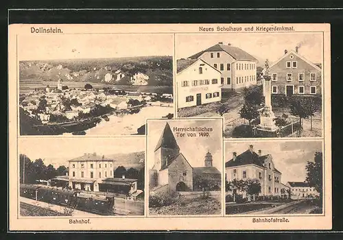 AK Dollnstein, Totalansicht, Bahnhof, Neues Schulhaus & Kriegerdenkmal, Bahnhofstrasse