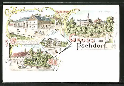 Lithographie Dresden-Eschdorf, Teichmann's Restaurant, Gasthof Eschdorf, Kirche und Schule