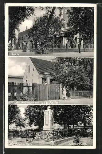 AK Zehlendorf, Kriegerdenkmal, Bäckerei und Kolonialwaren E. Albrecht, Schule