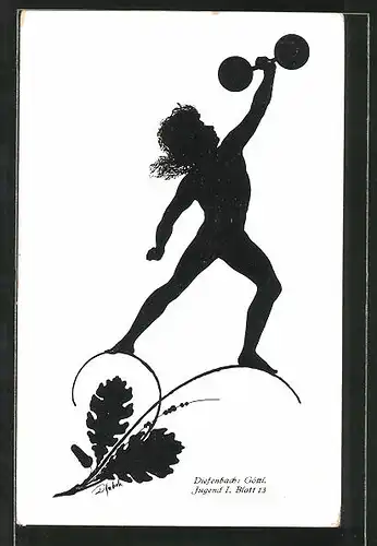 Künstler-AK Diefenbach: Göttl. Jugend I. Blatt 13: Junge stemmt die Hantel in die Luft, Schattenbild