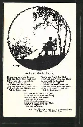 Künstler-AK Elsbeth Forck: "Auf der Gartenbank", Mädchen mit Laute beim Sonnenaufgang, Schattenbild