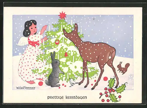 Künstler-AK Willy Schermele: Kleiner Engel mit Reh, Hase, Vogel und Eichhörnchen am Weihnachtsbaum im Wald