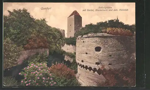 AK Querfurt, Schlossgraben mit Bastei, Marterturm und dicker Heinrich