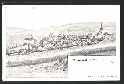 Lithographie Trausnitz, Totalansicht vom Hügel aus