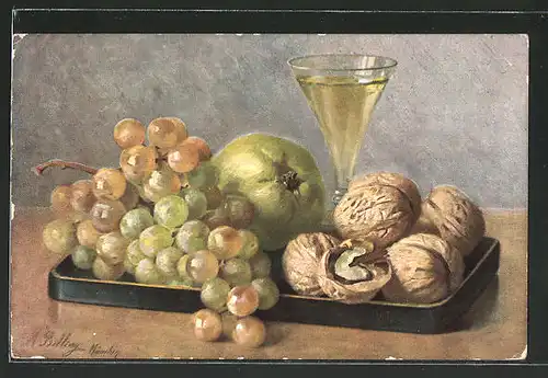 Künstler-AK M. Billing: Stilleben mit Weintrauben und Wallnüssen