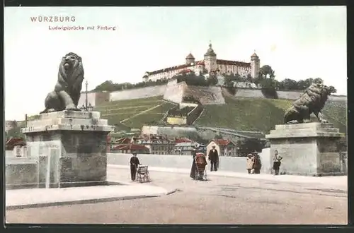 AK Würzburg, Ludwigsbrücke mit Festung