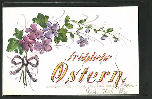 Künstler-AK Strauss mit Lila Blüten, Fröhliche Ostern