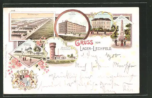 Lithographie Lager-Lechfeld, Barackenanlagen, Kloster Lechfeld, Neue Kaserne