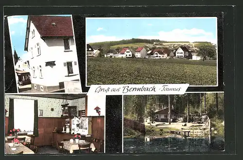 AK Bermbach, Gasthaus "Zur Traube" mit Innenansichten, Ortsansicht von den Feldern aus